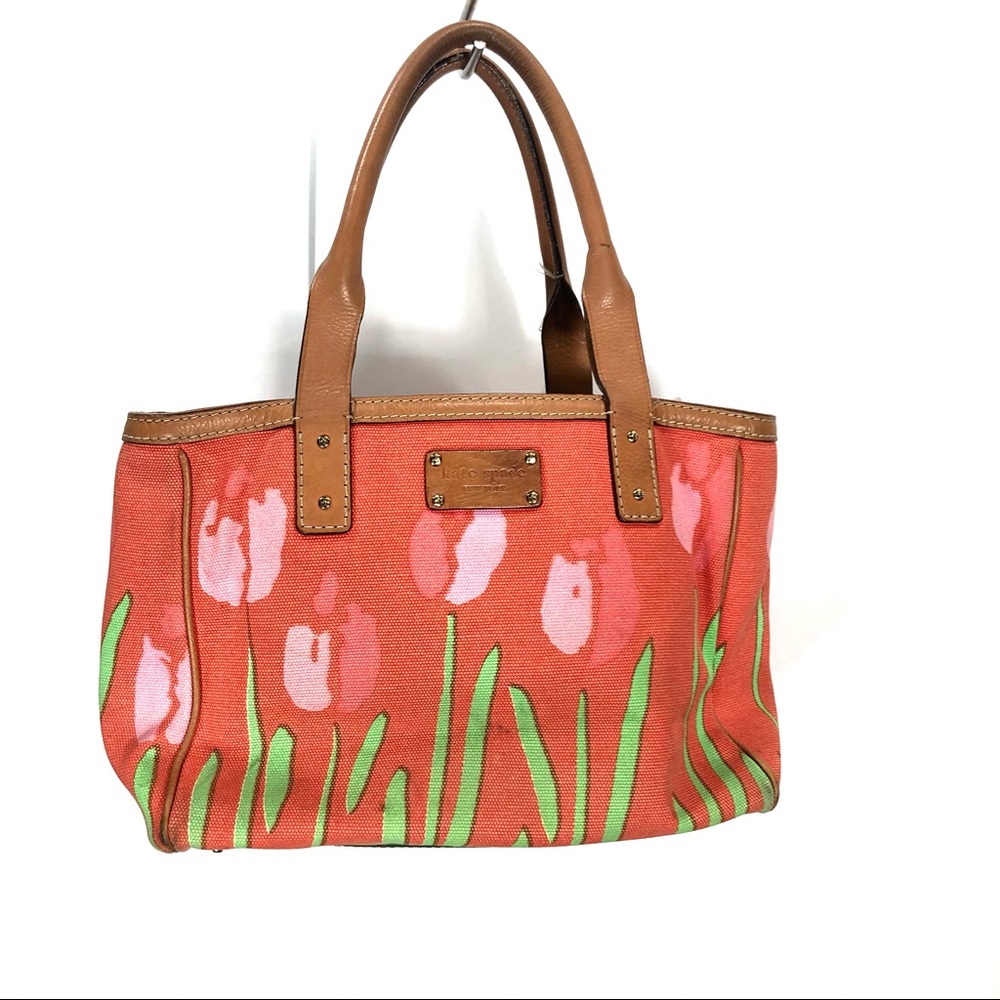 kate spade Coral Pink Tulip Canvas Tote with Tan Leather Handles